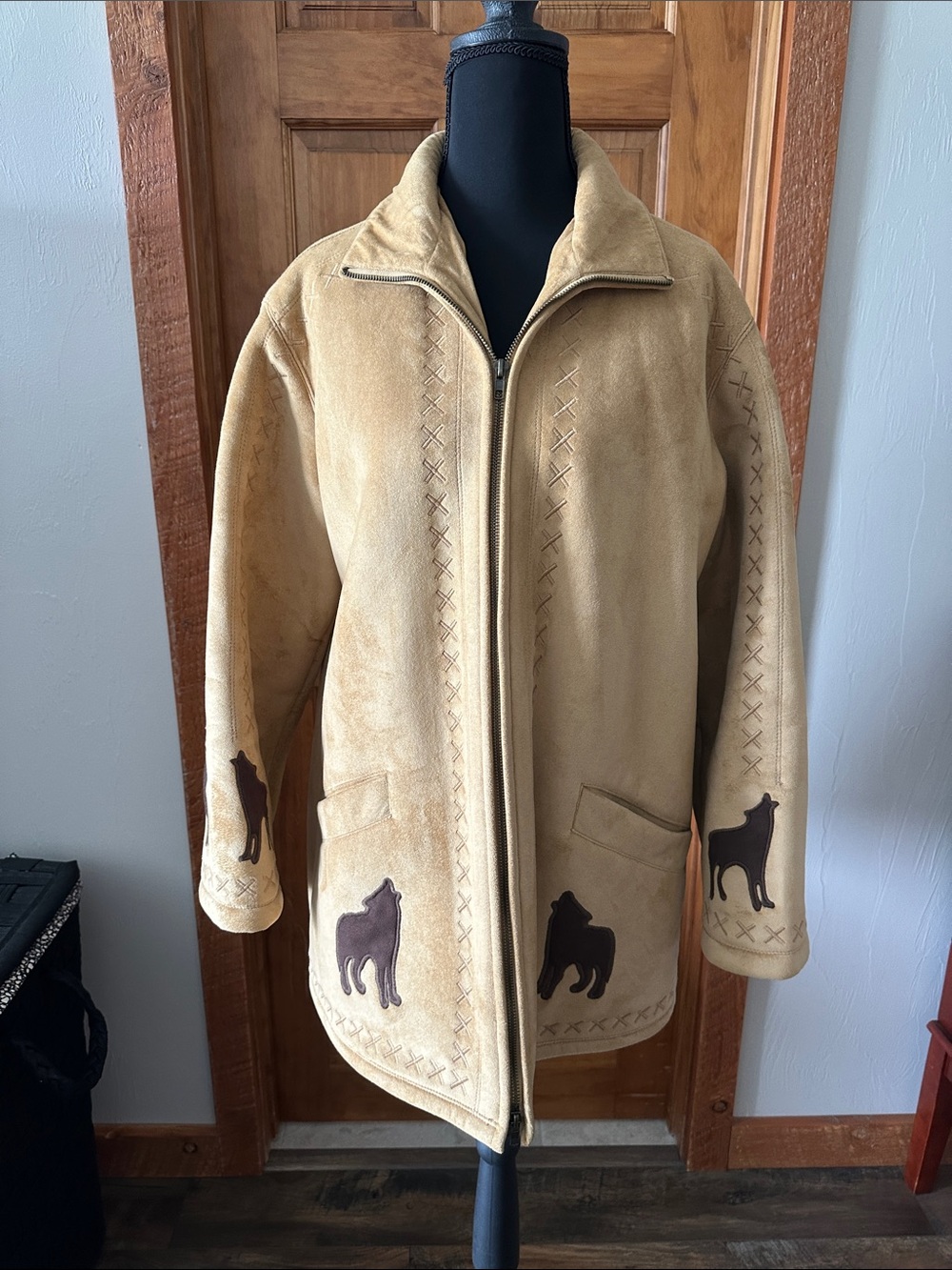 Coldwater Creek Tan Suede Zip-Front Trench Coat with Dog Appliqués